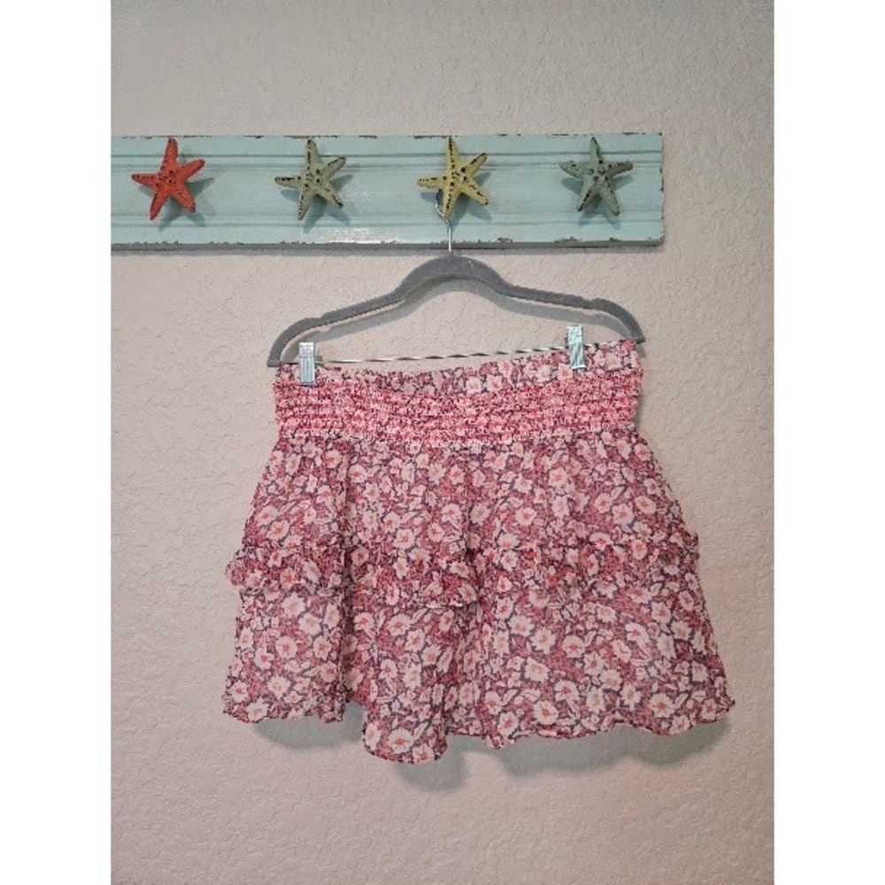 Rebecca Minkoff Pink Floral Smocked Ruffle Mini Skirt Medium Boho Tiered Flowy